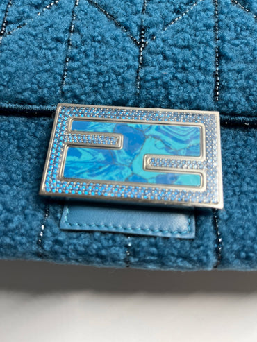 Fendi Baguette blue shearling silver hardware shoulder bag