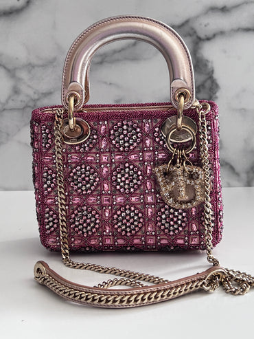 Pre-loved Mini Lady Dior Bag Metallic Lambskin and Rose des Vents Satin Embroidered with Beads