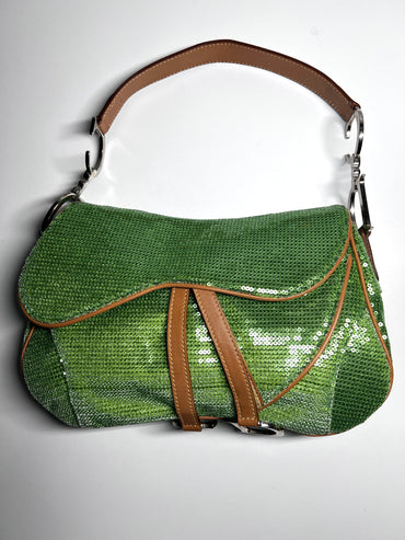 Ultra rare Dior green sequin double saddle bag