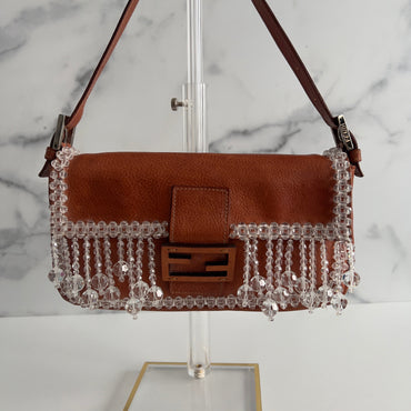 Vintage Crystal Fringe Leather Baguette