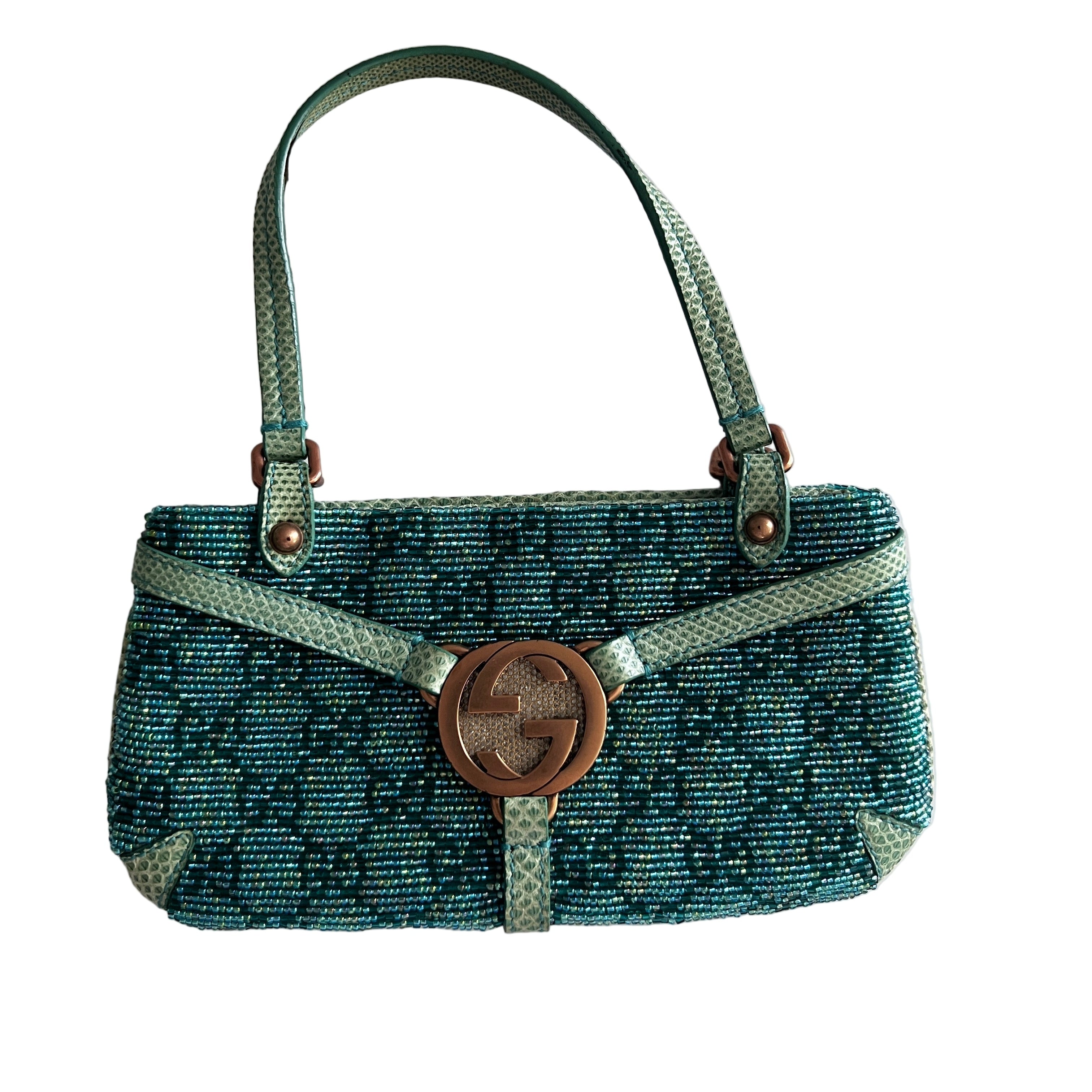 Gucci Turquoise GG Nonogram Crystals beaded lizard skin bag