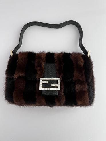 Fendi baguette mink black brown stripes shoulder bag