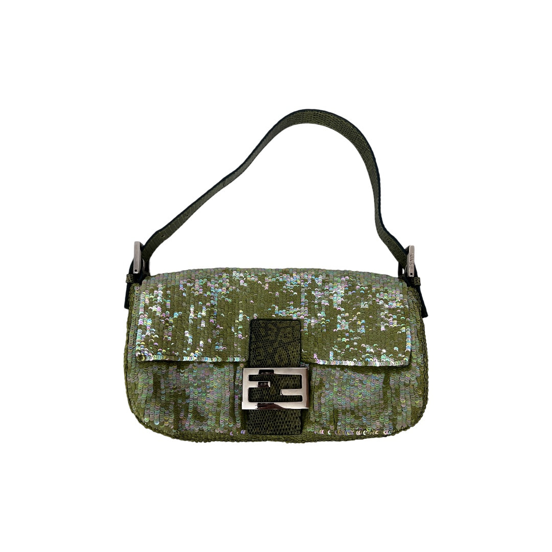 Fendi green sequin lizard trimmed Baguette