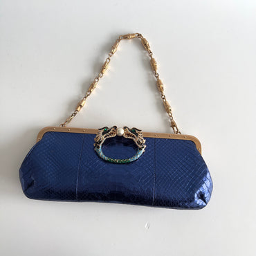 Vintage Gucci Metalic Blue Python Dragon Head Clutch