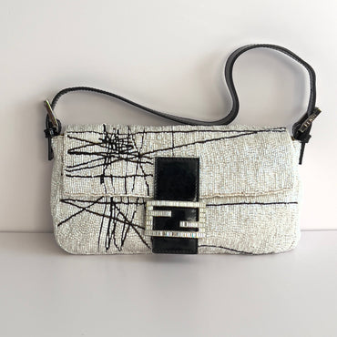 Vintage Fendi White& Black “Spider web”Beaded Baguette Rare