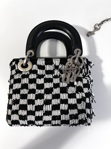 Dior fringe beaded black& white plaid lady dior bag