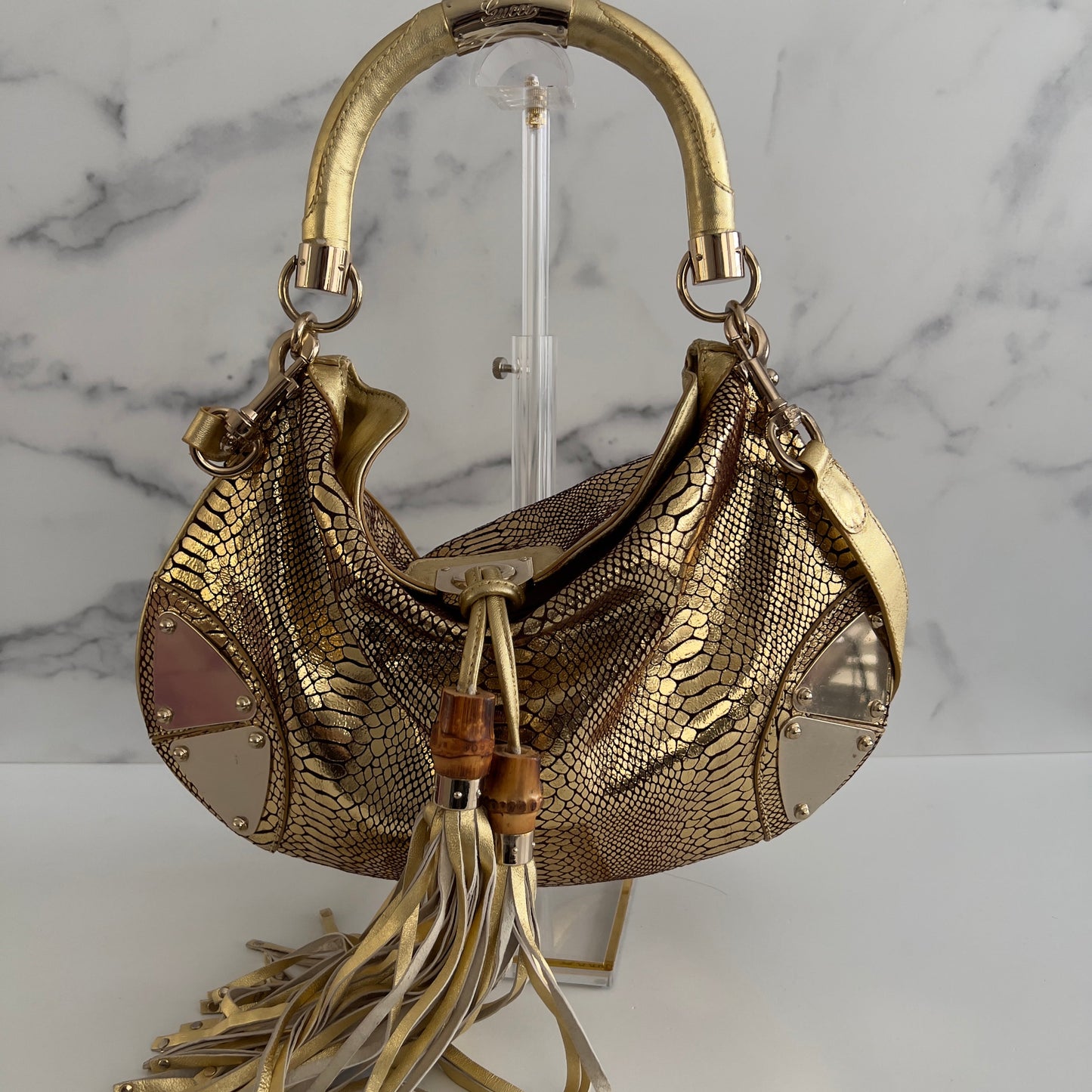 Vintage Gucci Embossed Python Skin Indy Top Handle Bag Medium