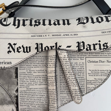 CHRISTIAN DIOR Calfskin Newspaper Printed Saddle Bag With Strap Black White