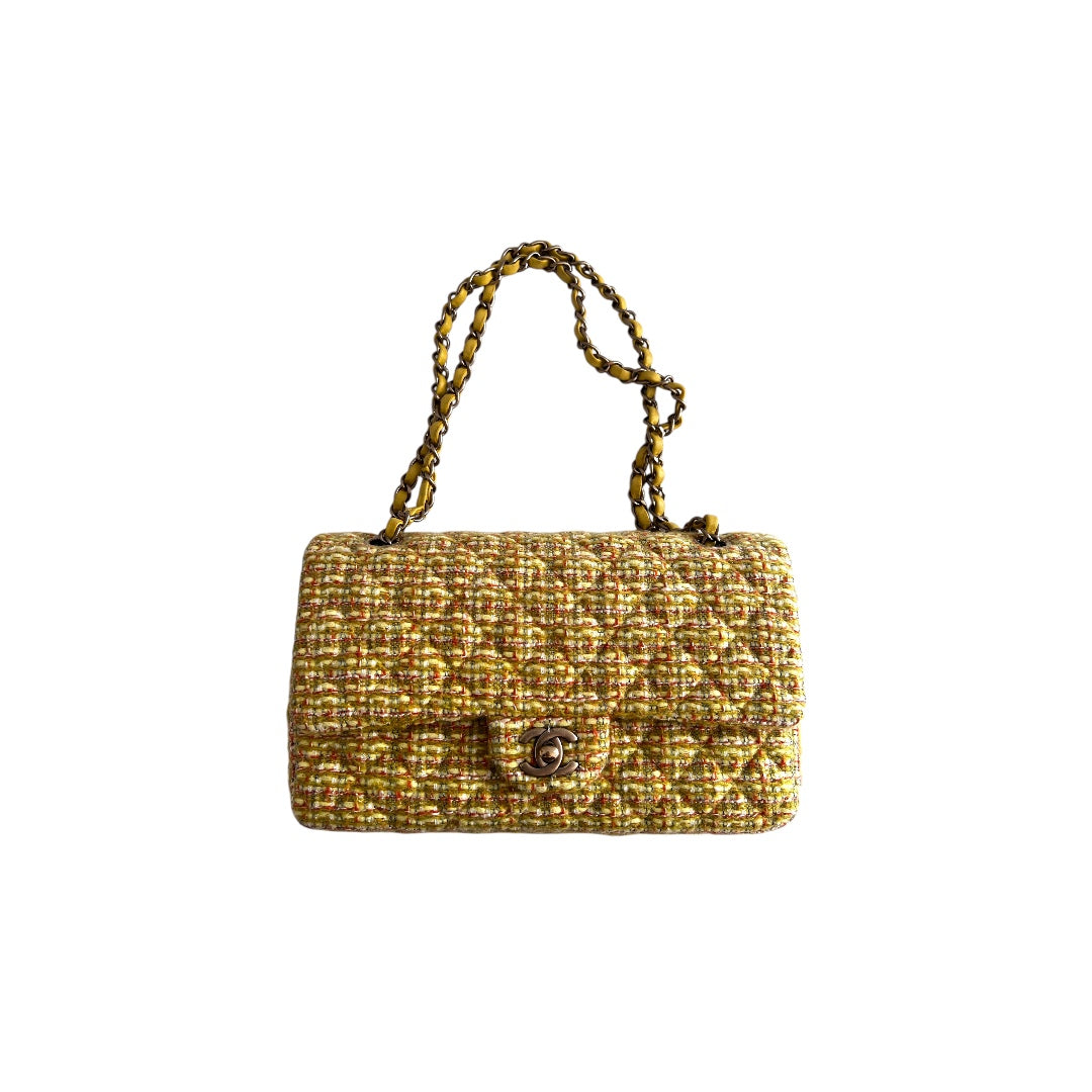 Chanel yellow tweed medium size double flap bag