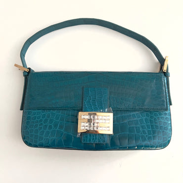 Vintage Blue Crocodile Skin Rhinestone Buckle Baguette