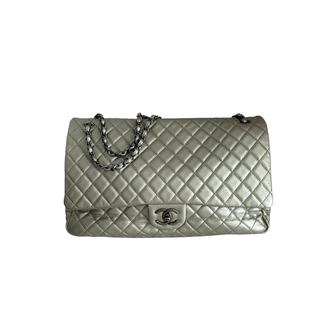 Chanel Classic Flap XXL Silver Leather Travel Bag