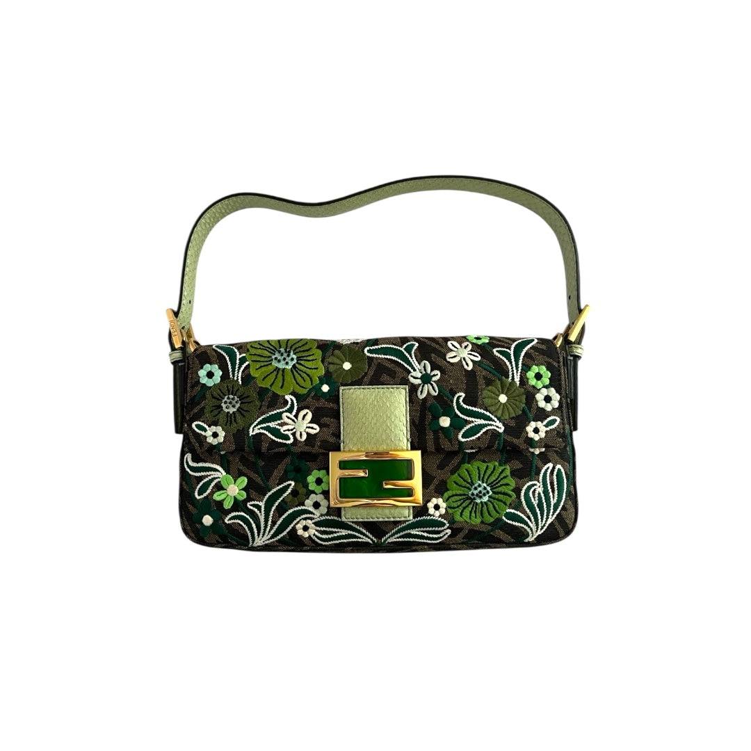 Fendi baguette FF embroidery gold hardware shoulder bag