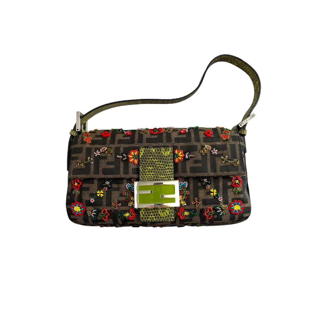 Fendi Classic Foral Beaded Zucca Baguette