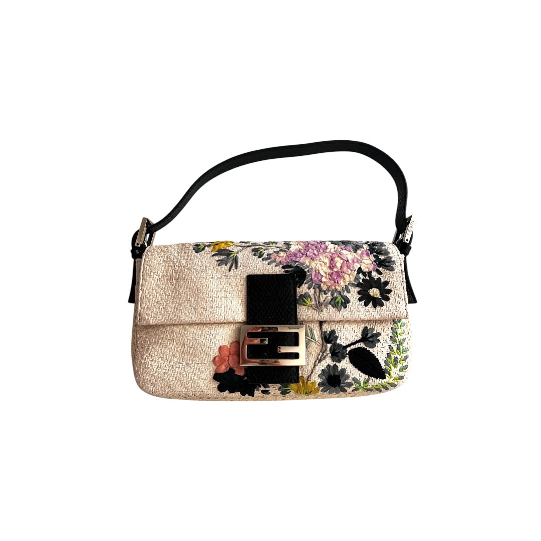 Fendi Raffia Floral Embroidered Baguette Bag