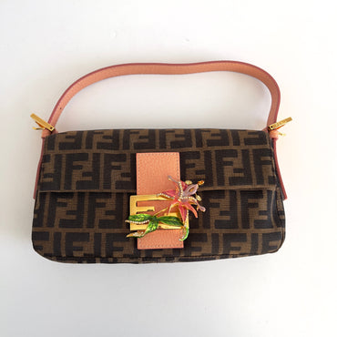 Vintage Fendi Enamel Flower Buckle Zucca Baguette