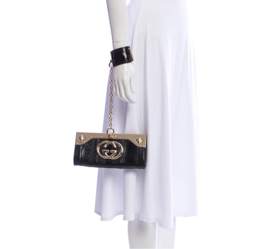 Gucci Britt Bag Black Ostrich Leg GG Cuff Clutch