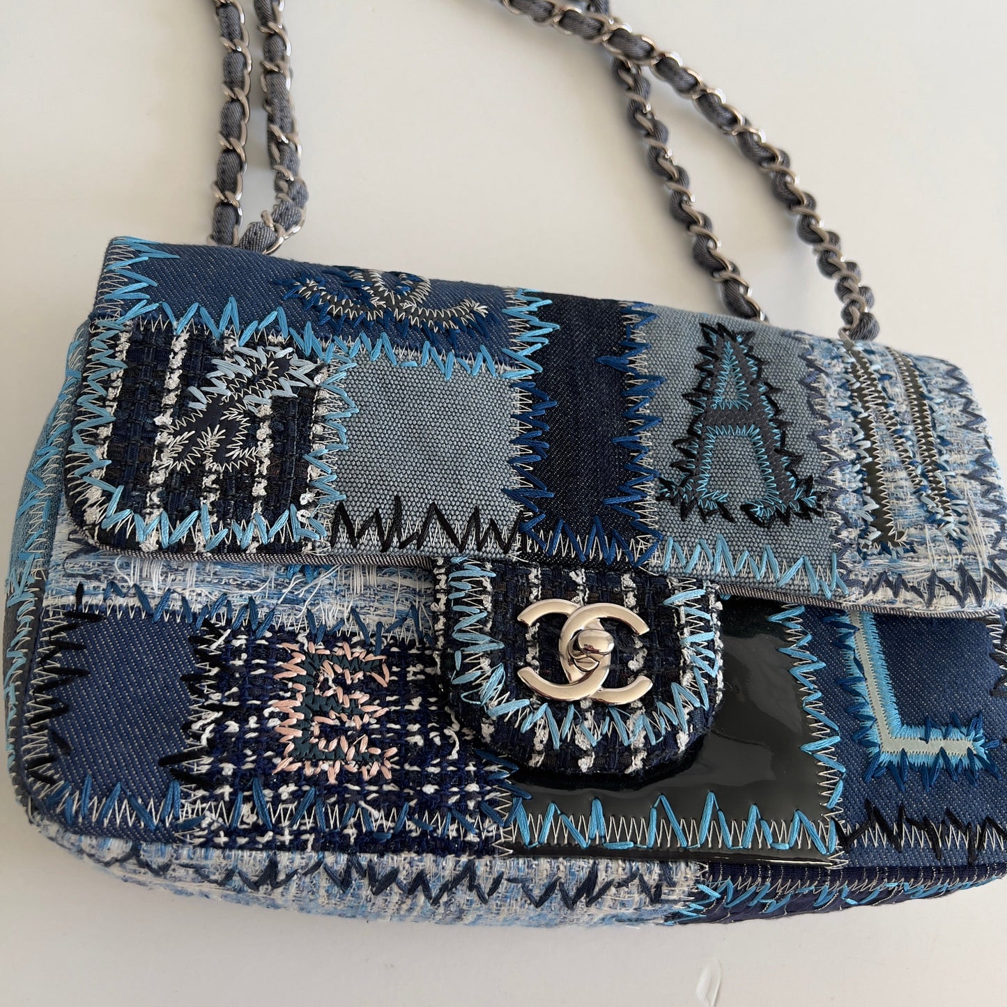 Chanel Multicolor Denim Coco Mark Patchwork Chain Shoulder Bag Medium