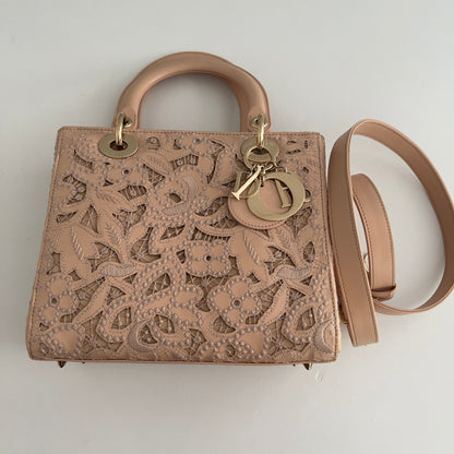 Dior Calfskin Medium Size Sand Pink Lace Ladydior Bag