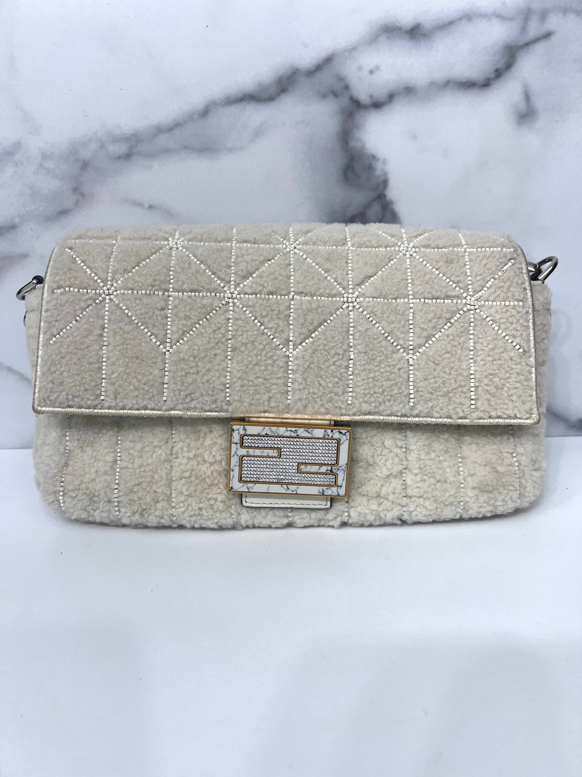 Fendi New version cream color shearling beaded baguette