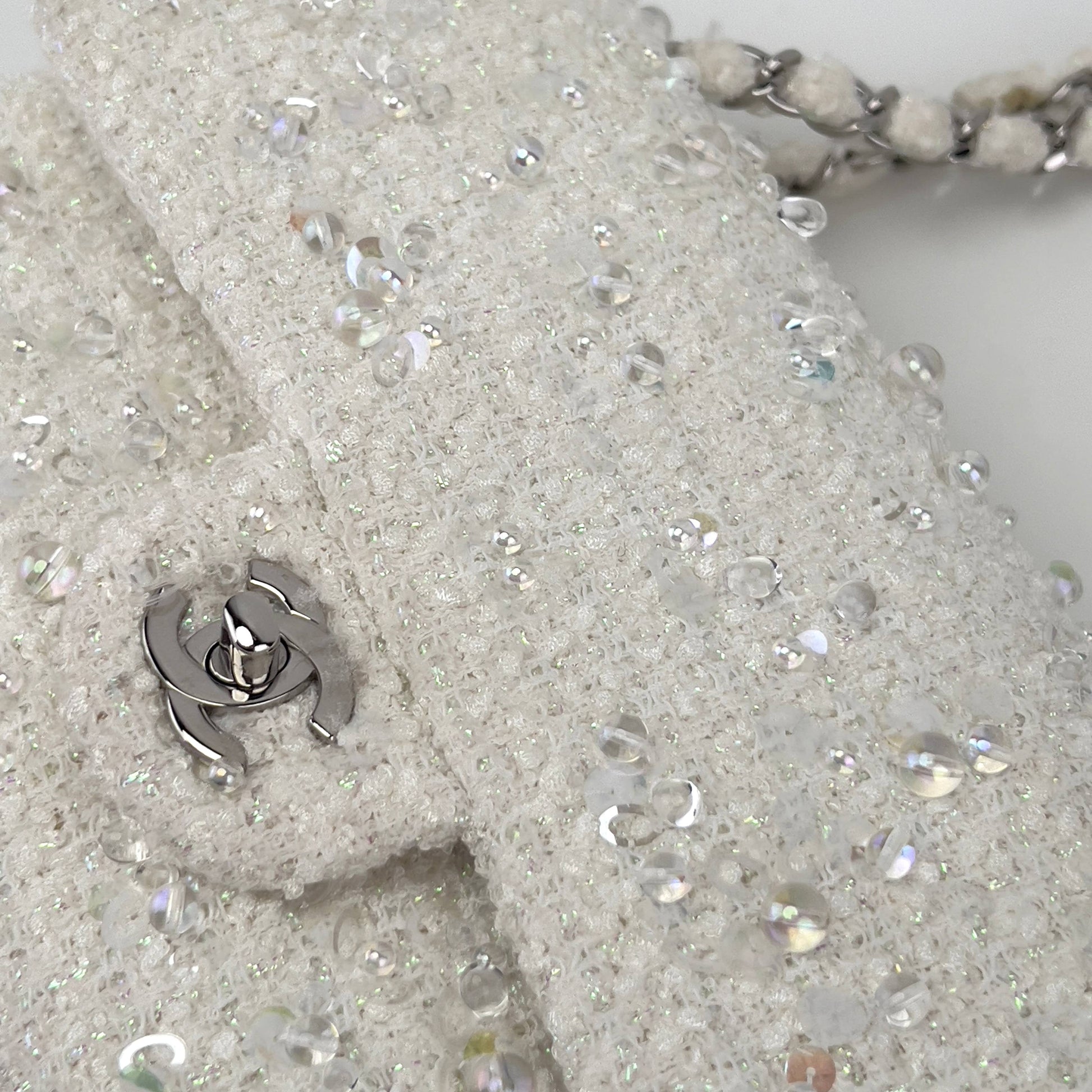 Chanel rain drop white tweed sequin double flap