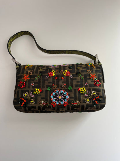 Fendi Classic Foral Beaded Zucca Baguette