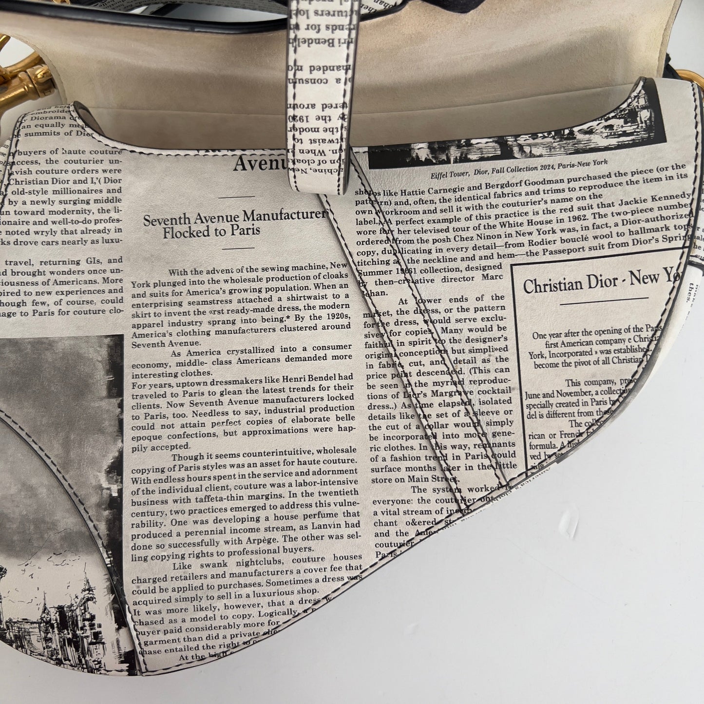 CHRISTIAN DIOR Calfskin Newspaper Printed Saddle Bag With Strap Black White
