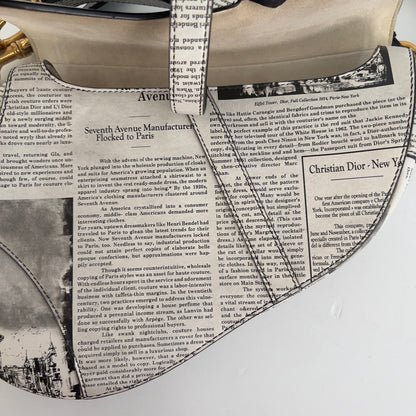 CHRISTIAN DIOR Calfskin Newspaper Printed Saddle Bag With Strap Black White