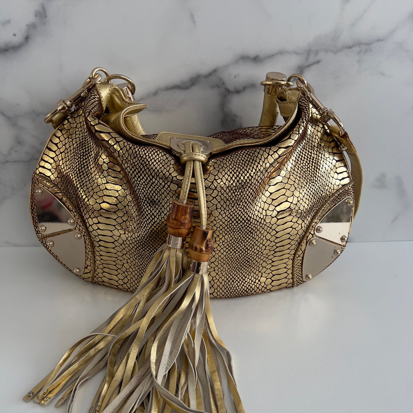 Vintage Gucci Embossed Python Skin Indy Top Handle Bag Medium