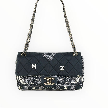 Vintage Chanel Blue Bandana Paisley Qualitied Canva Flap Bag