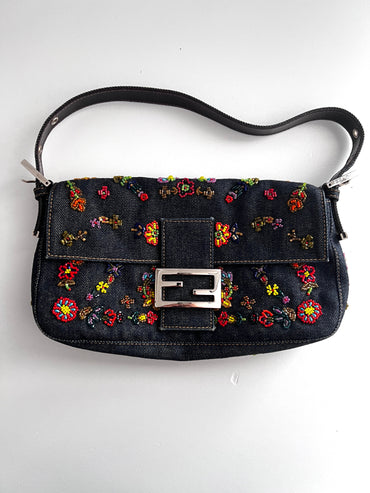Fendi Floral Beaded Embroidered Denim Baguette