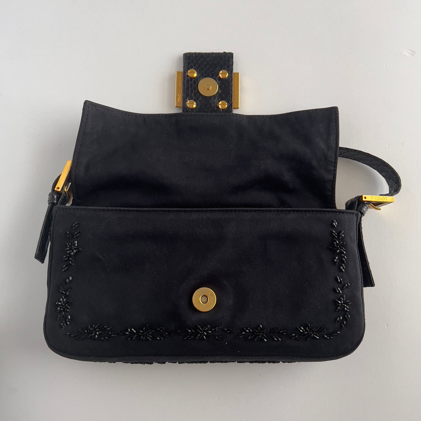 Vintage Fendi Black Embroidered Beads Cloth Baguette