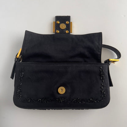 Vintage Fendi Black Embroidered Beads Cloth Baguette
