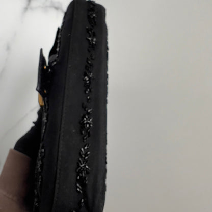 Vintage Fendi Black Embroidered Beads Cloth Baguette