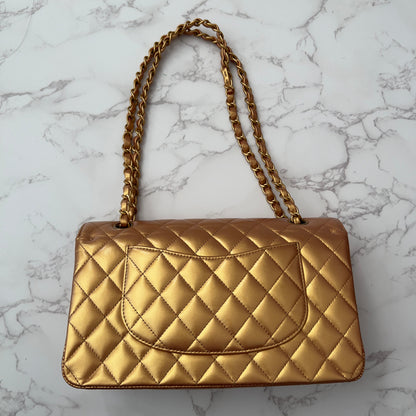 Chanel Metallic Lambskin Quilted Medium Double Flap Golden