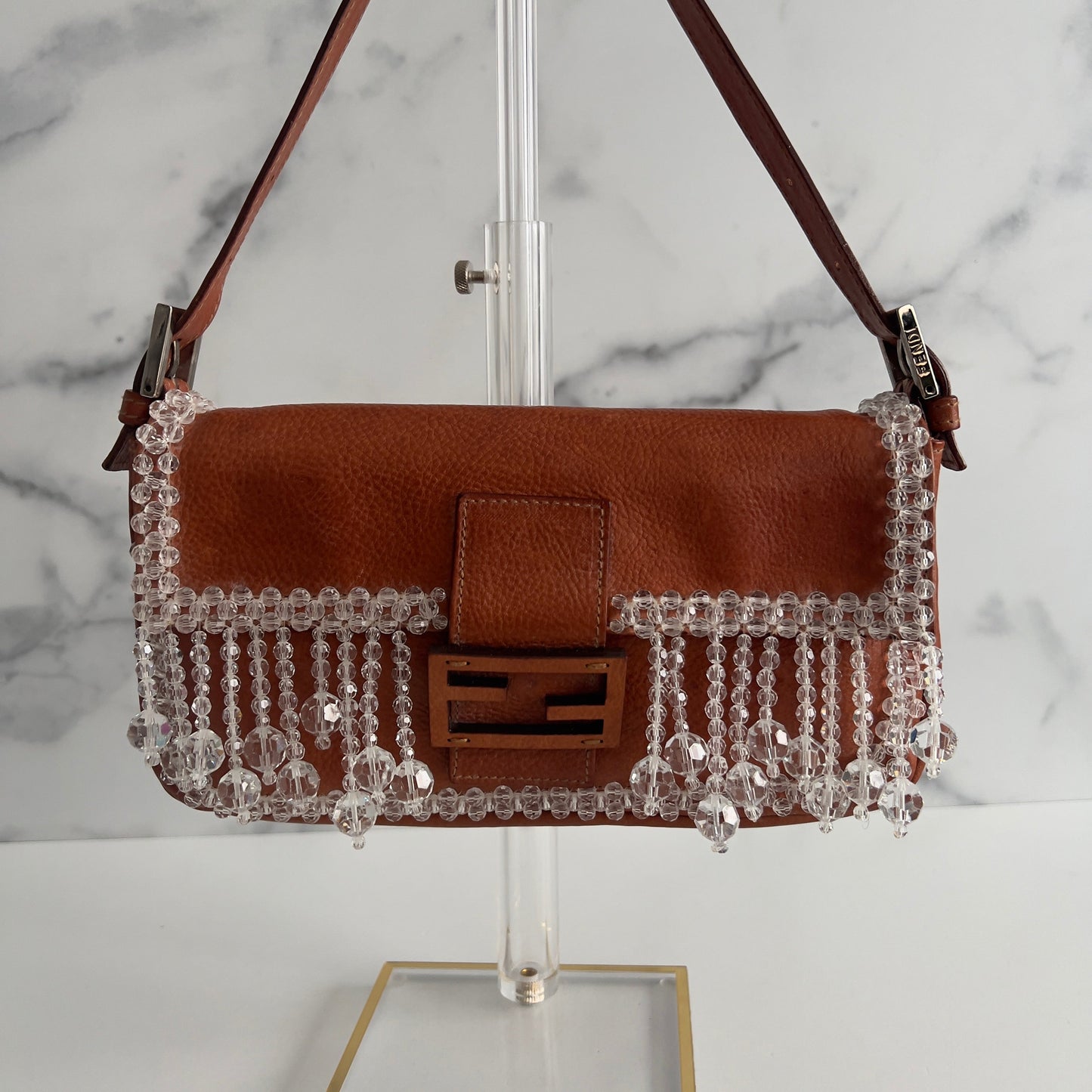Vintage Crystal Fringe Leather Baguette
