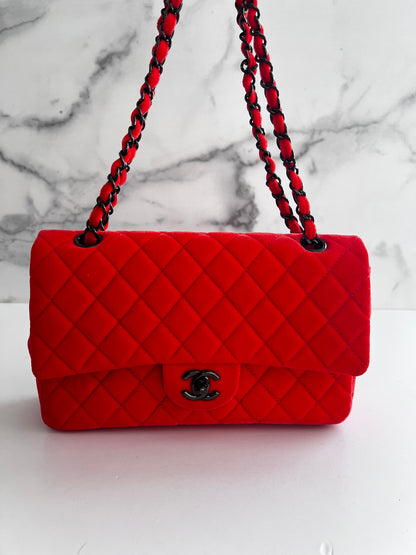 Chanel orange velvet double flap bag medium size
