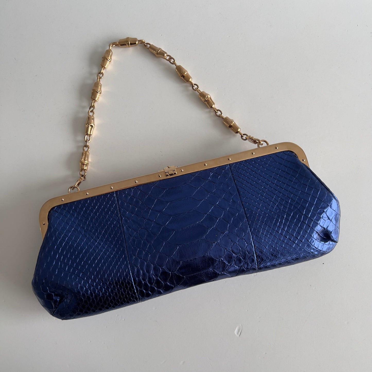 Vintage Gucci Metalic Blue Python Dragon Head Clutch
