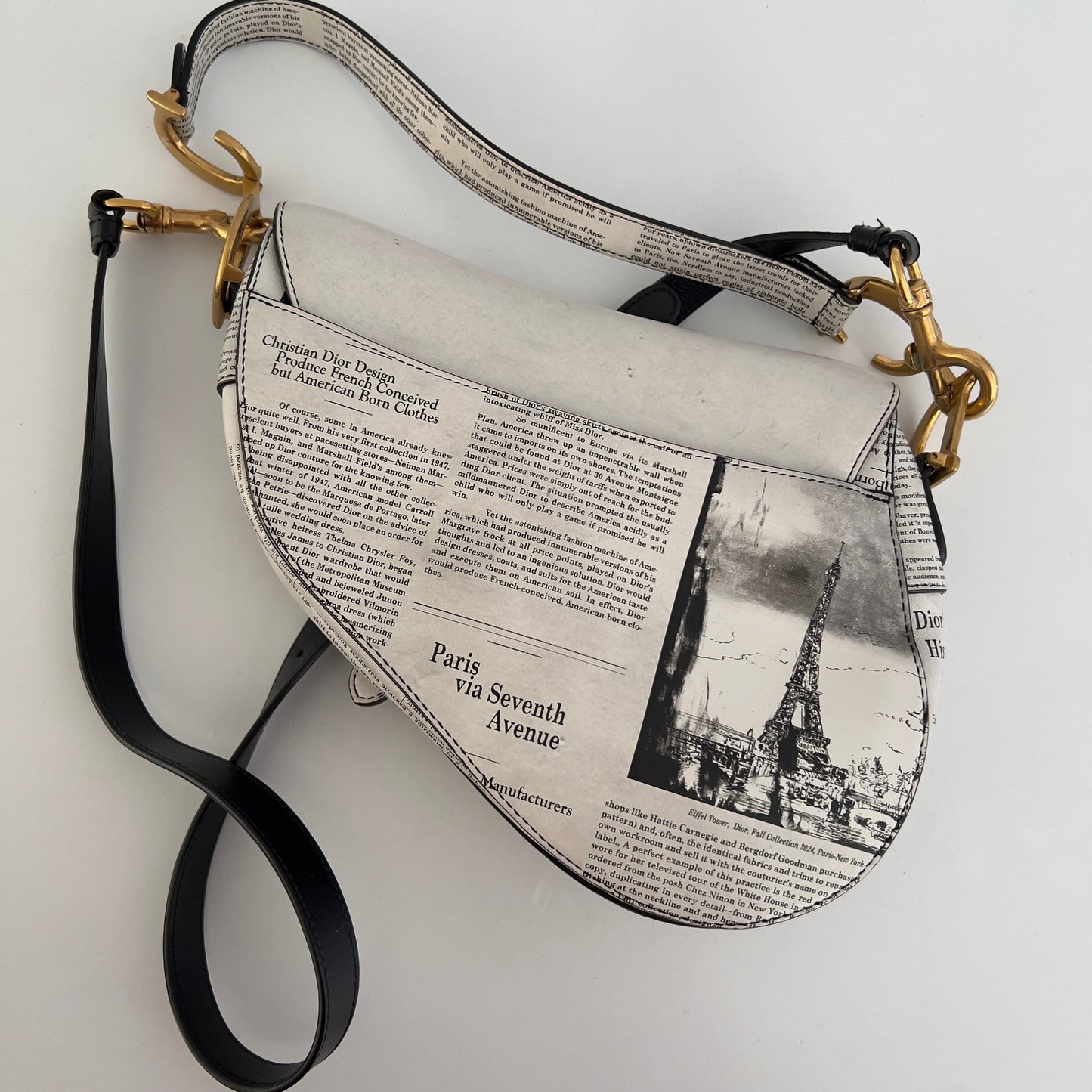 CHRISTIAN DIOR Calfskin Newspaper Printed Saddle Bag With Strap Black White