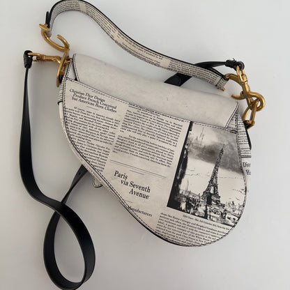 CHRISTIAN DIOR Calfskin Newspaper Printed Saddle Bag With Strap Black White