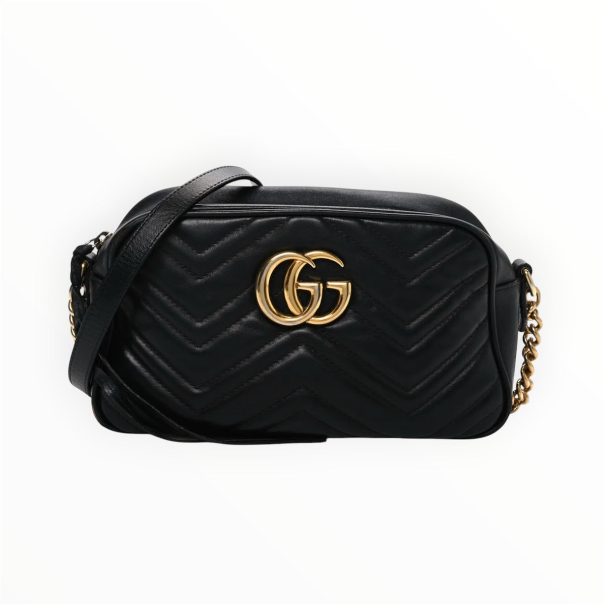 A GUCCI Calfskin Matelasse Small GG Marmont Chain Shoulder Bag Black