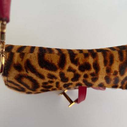 Vintage Christin Dior Pony Hair Leopard Saddle Bag Red