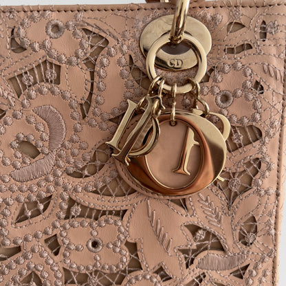 Dior Calfskin Medium Size Sand Pink Lace Ladydior Bag