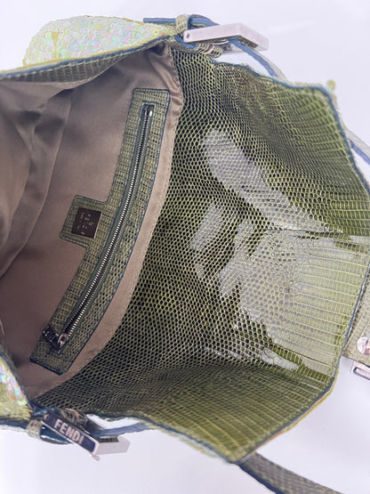 Fendi green sequin lizard trimmed Baguette