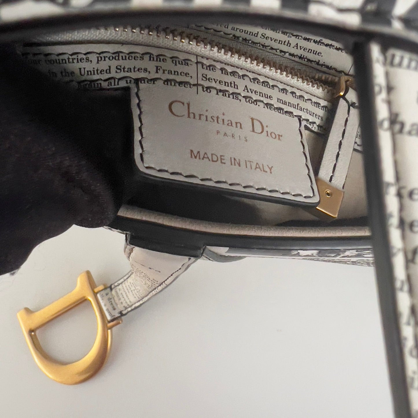 CHRISTIAN DIOR Calfskin Newspaper Printed Saddle Bag With Strap Black White