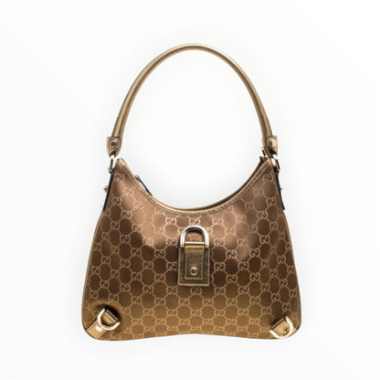 B Gucci Gucci Beige/Gold GG Fabric Medium Abbey D-Ring Hobo