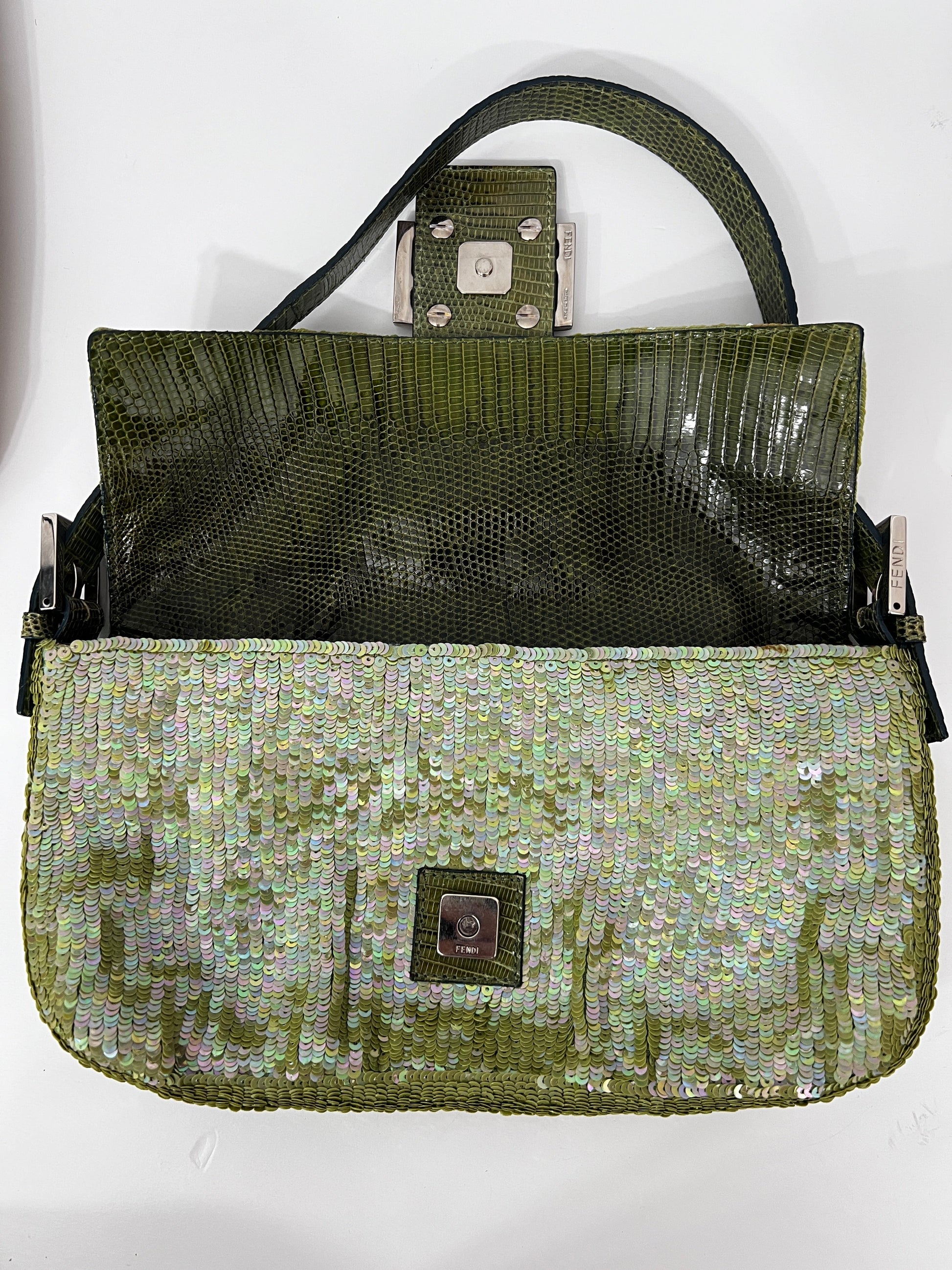 Fendi green sequin lizard trimmed Baguette