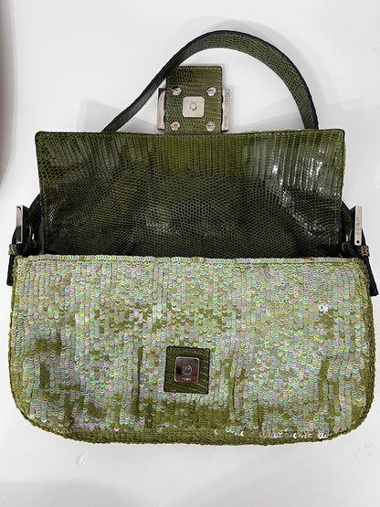 Fendi green sequin lizard trimmed Baguette