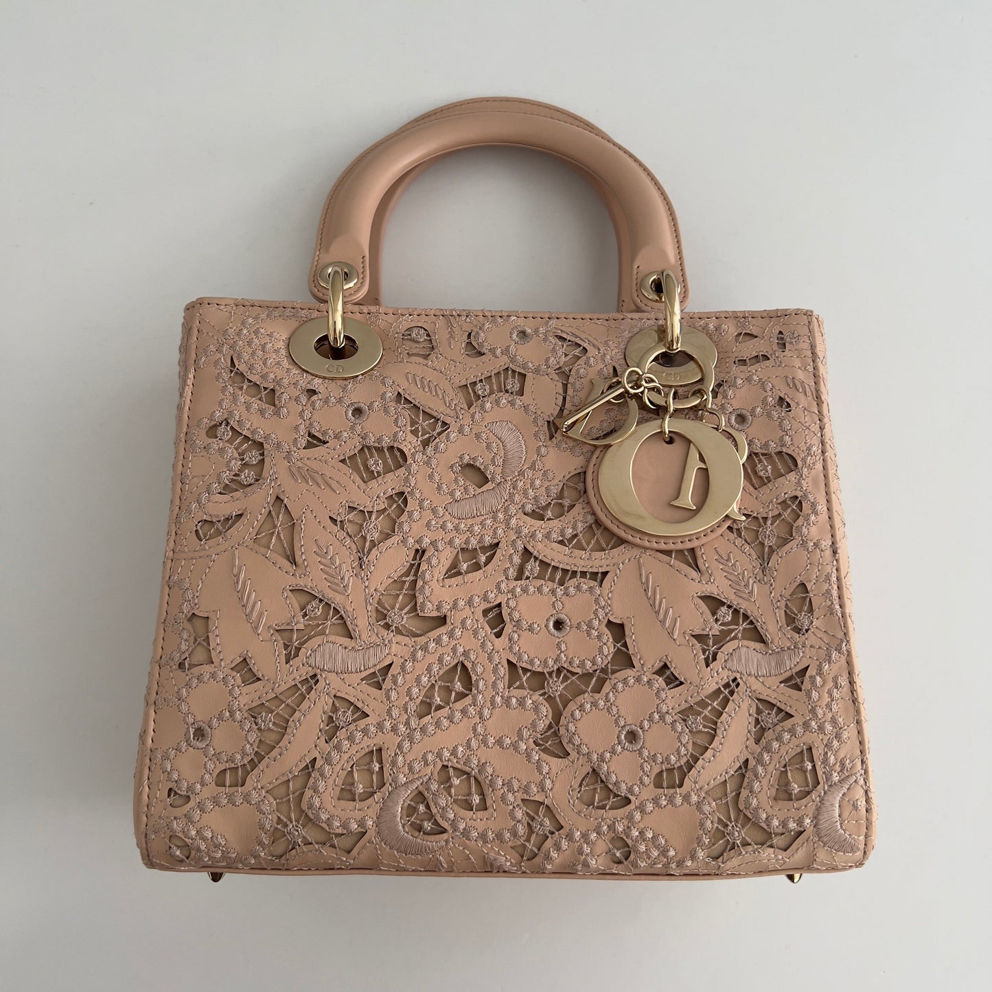 Dior Calfskin Medium Size Sand Pink Lace Ladydior Bag