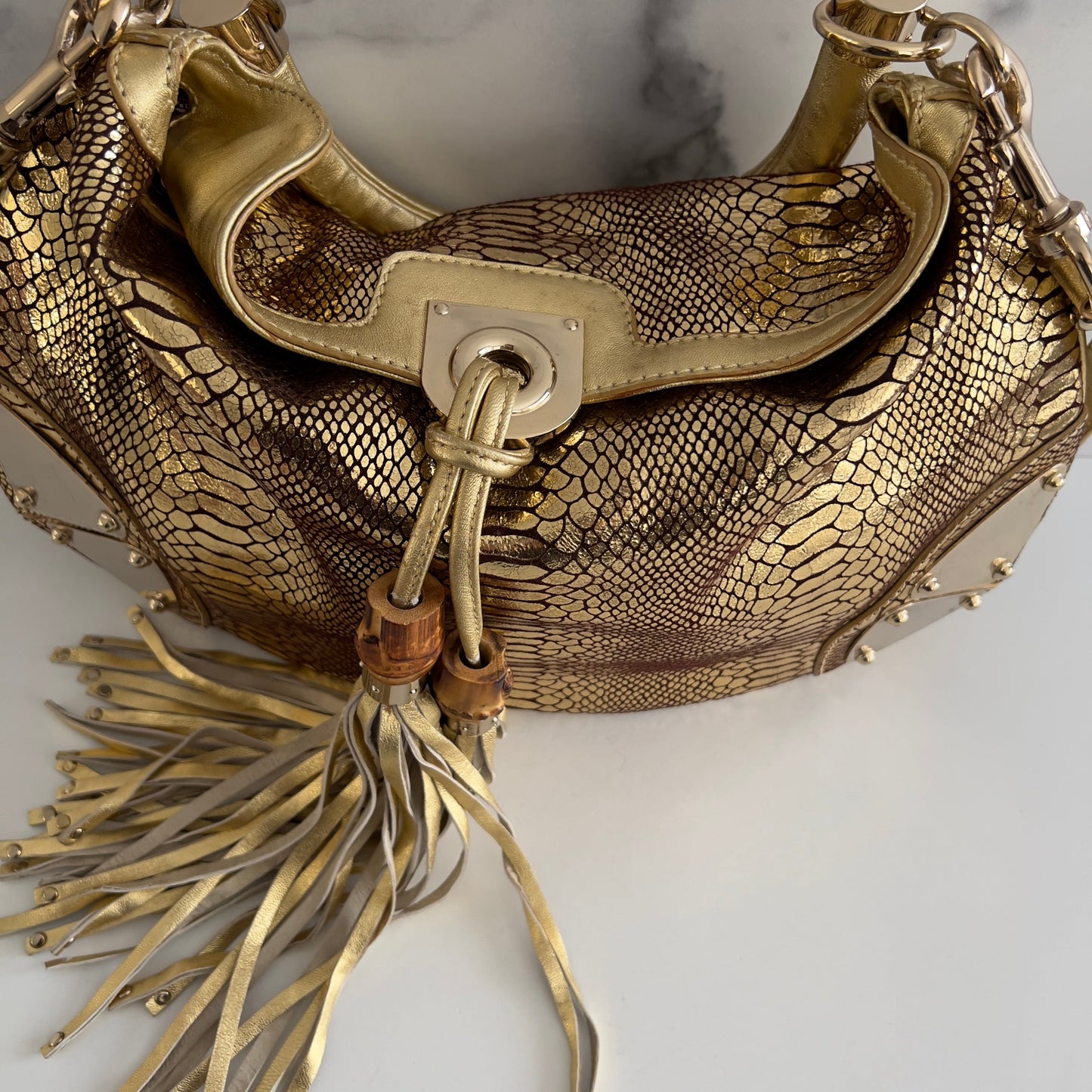Vintage Gucci Embossed Python Skin Indy Top Handle Bag Medium