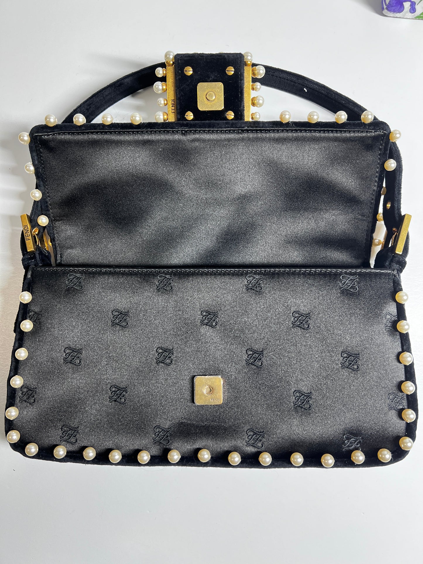 Fendi 15th anniversary satin pearl velvet baguette